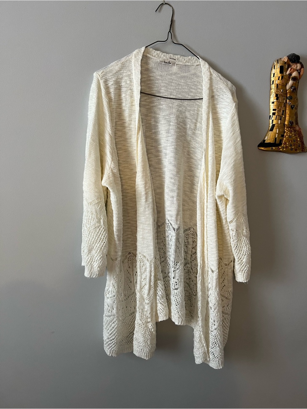 Women's Cream Open-Front Lace Hem Cardigan Sweater fits L